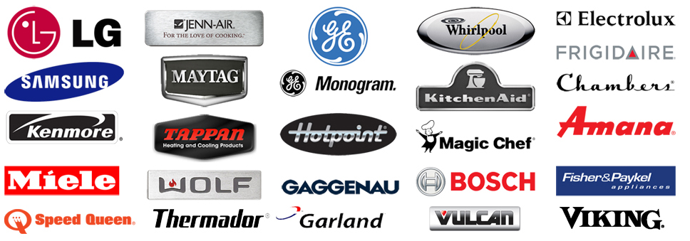 A collection of appliance brand logos, including LG, Samsung, Kenmore, Miele, Speed Queen, Jenn-Air, Maytag, Tappan, Wolf, Thermador, GE, GE Monogram, Hotpoint, Gaggenau, Garland, Whirlpool, KitchenAid, Magic Chef, Bosch, Vulcan, Electrolux, Frigidaire, Chambers, Amana, Fisher & Paykel, and Viking