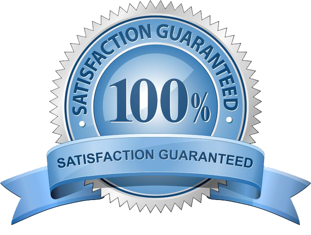 Blue ribbon graphic with text reading: 100% satisfaction guaranteed